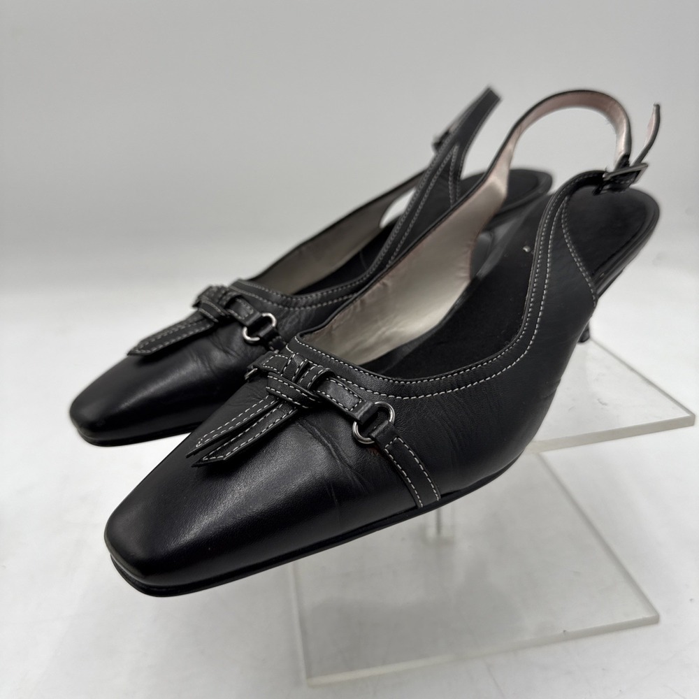 Aerosoles Black Leather Heels Womens 7.5M Pointed Toe Slingback Bow Pumps